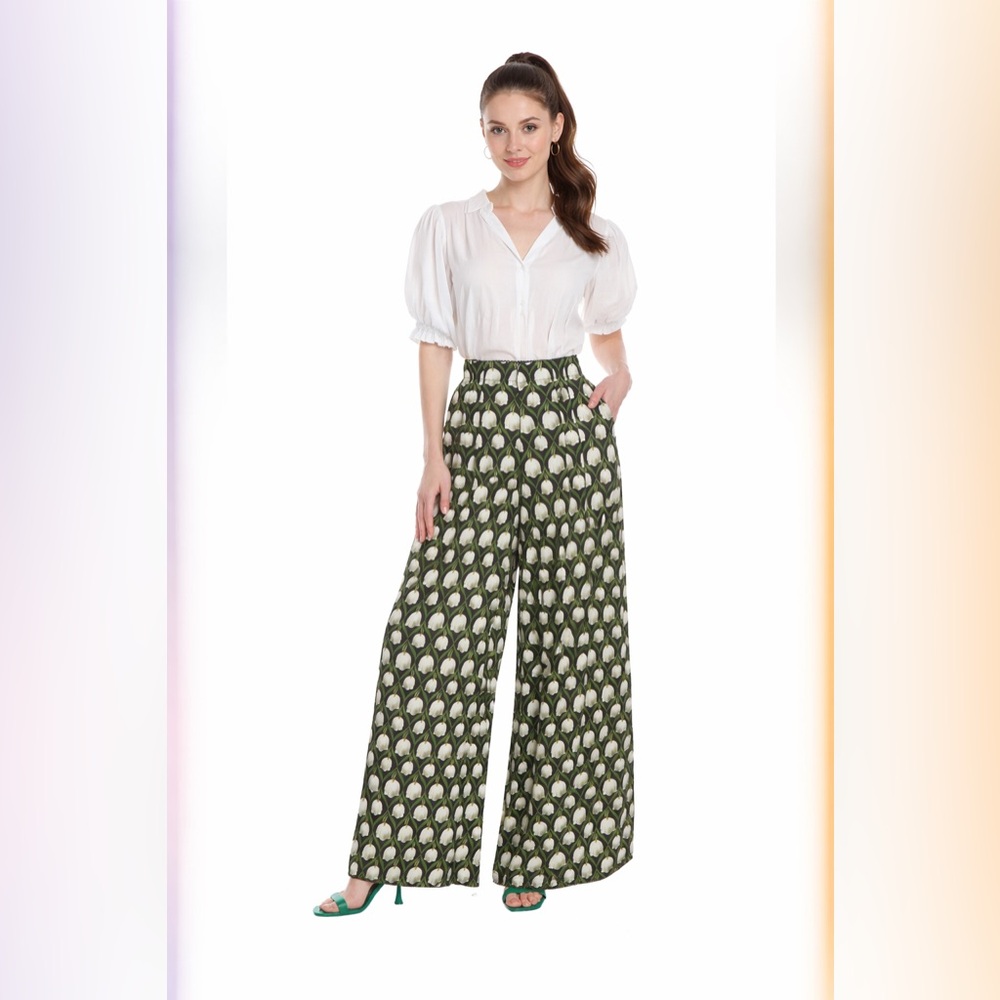 Agua by Agua Bendita Pinon Perla Print Pleated Wide Leg Pants w dust bag NWT